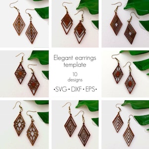 May include: A collection of wooden diamond-shaped earrings with various geometric designs. The earrings are brown with gold-colored hooks. The image includes the text "Elegant earrings template" and "10 designs" with file type options.