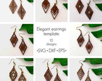 10 Elegant Wooden Earring Templates Svg. Laser Cut Pendant Designs For Women SVG, DXF, EPS, Laser Cutting Files, Geometric earrings svg.