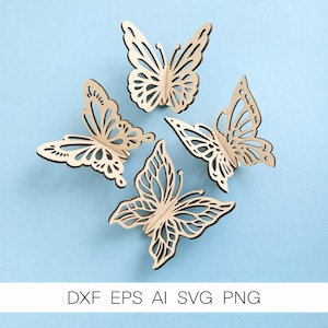 Puede incluir: Cuatro recortes de mariposas de madera con intrincados diseños de alas se disponen sobre un fondo azul claro. Las mariposas son de color marrón claro con bordes marrón oscuro. El texto en la parte inferior dice: DXF EPS AI SVG PNG.