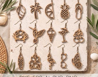 15 Summer Earrings SVG Bundle for Laser Cut | 3mm Wood Earring Laser File DXF | Tropical Jewelry Glowforge Files | Commercial Use Download