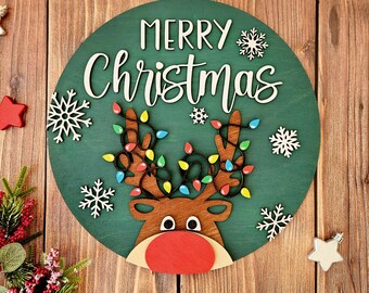Christmas Deer Door Hanger SVG | Round "Merry Christmas" Sign | Laser Cut File for Glowforge xTool | Wood Door Sign Template
