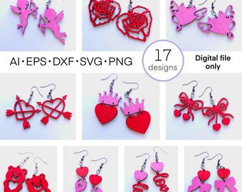 Valentine Earrings laser cut files | Heart Earrings SVG - EPS | Love Earrings Glowforge | Valentines Day Jewelry Template Bundle
