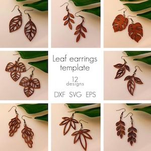 12 elegantes plantillas de aretes de madera Svg. Diseños de colgantes cortados con láser para mujeres SVG, DXF, EPS, archivos de corte láser, aretes de hoja Svg.