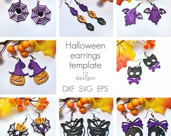 Halloween Bundle 12 Earrings Wood Laser Cut Svg. Spooky svg. Halloween decor Laser cut files SVG DXF EPS. Pumpkin, spider, ghost earrings