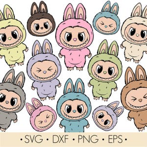 Labubu-clipart PNG SVG. Leuk kawaii-labubu-personage. Leuke digitale download van cartoons. Labubu-svg voor cricut.