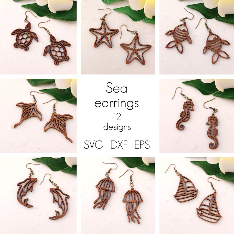 Puede incluir: Una colecci&oacute;n de pendientes de madera marr&oacute;n con tem&aacute;tica marina. Los dise&ntilde;os incluyen tortugas, estrellas de mar, mantarrayas, caballitos de mar, delfines, medusas y veleros. Tambi&eacute;n est&aacute; presente el texto "Sea earrings 12 designs".