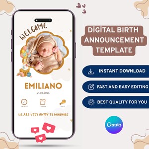 Anuncio de nacimiento digital - Plantilla personalizable de Canva - Letrero de anuncio de nacimiento para niño y niña - Plantilla personalizable de Canva
