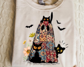 Turkish Rug Patchwork Halloween Ghost and Cat Png, Retro Spooky Floral Halloween Png, Black Cat Png