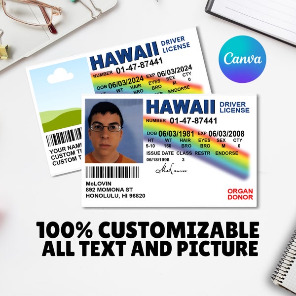 100% PERSONALIZED Mc Lovin ID | Custom SUPERBAD McLovin id card | Mclovin Drivers License | Editable Card | Edit in Canva