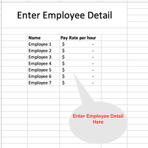 May include: A spreadsheet with the title "Enter Employee Detail" and columns for "Name" and "Pay Rate per hour". The spreadsheet lists seven employees with their names and a dollar sign in the pay rate column.