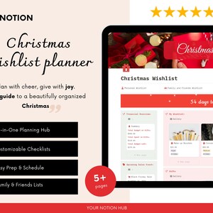 Notion Weihnachts-Wunschlisten-Planer-Vorlage, Weihnachts-Wunschlisten-Ideen, digitale Feiertags-Wunschliste, Notion-Dashboard, Notion-Planer-Vorlage