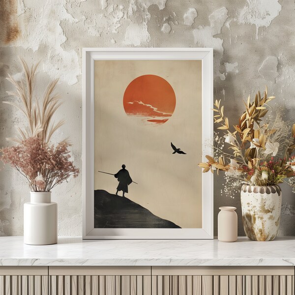 Minimal Samurai Art Print | Ink Style Orange Sun Vintage Poster Simple Minimal Delicate Brushstrokes Detailed Elegant Traditional Painting