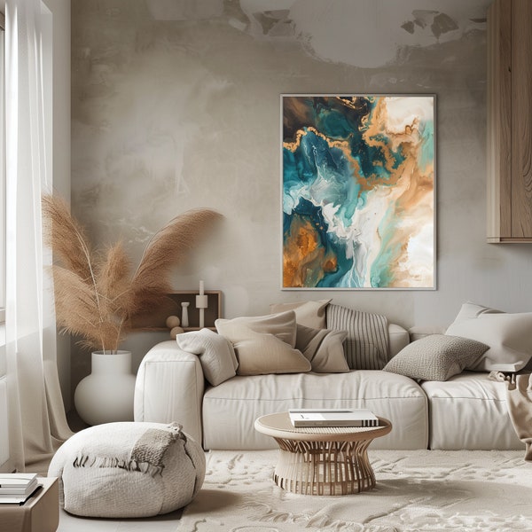 Abstract Fluid Art Print | Modern Abstract Painting Cosmos Color Teal Brown White Gold Tranquility Luxurios Intricate Marble Texture Complex