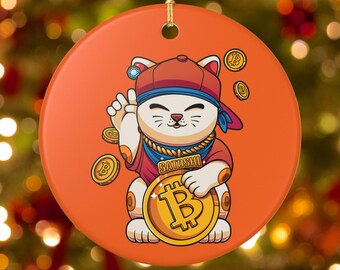 Satoshi Lucky Cat Ornament, Bitcoin Ceramic Christmas Decoration, Maneki Neko Decor, Funny Investor Gifts, Crypto Stocking Stuffer