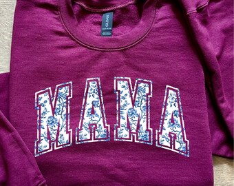 Mama Blue Floral Sweatshirt, Mama Chinoiserie Crewneck