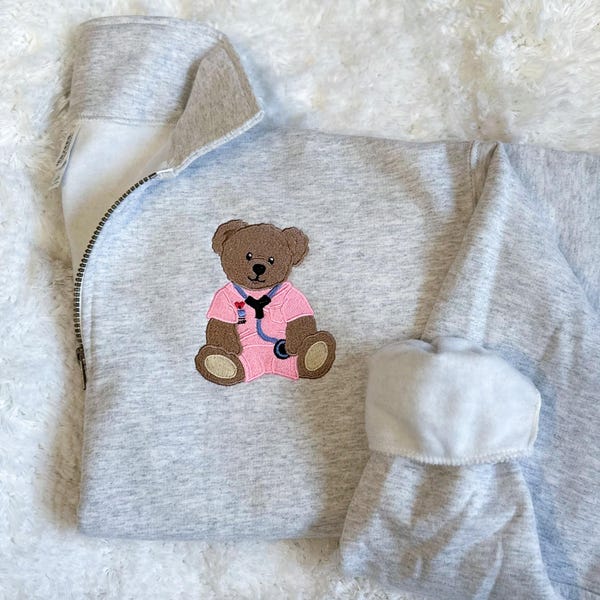 Embroidered Nurse Bear Quarter-Zip Sweatshirt, Doctor Bear Quarter-Zip Sweatshirt, Medical Bear