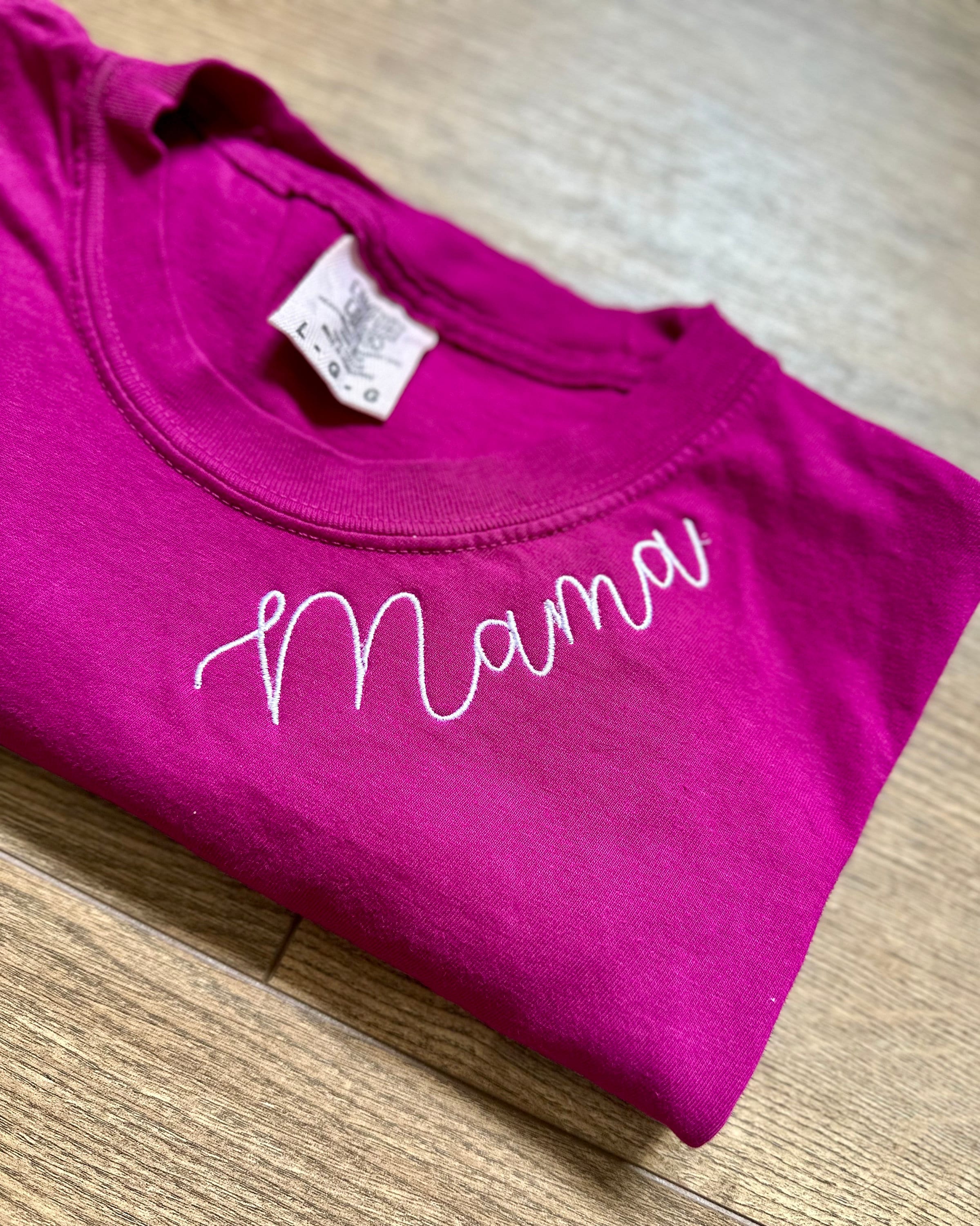 Mama Curved Neckline Embroidered T-shirt - Mama Neckline
