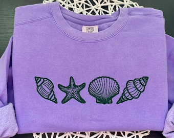Seashell Embroidered Comfort Colors Sweatshirt, Beach Crewneck, Summer Sweatshirt