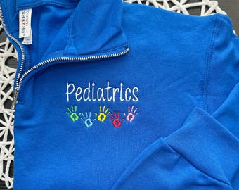 Embroidered Pediatrics Quarter-Zip Sweatshirt: Colorful Handprints