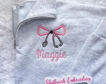 Personalized Nurse Quarter-Zip Sweatshirt: Bow Stethoscope Design