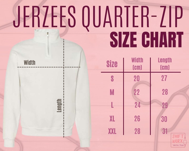 May include: A white Jerzees quarter-zip sweatshirt with a size chart. The chart shows measurements in centimetres for sizes S to XXL, including width and length. The text "JERZEES QUARTER-ZIP SIZE CHART" is at the top.