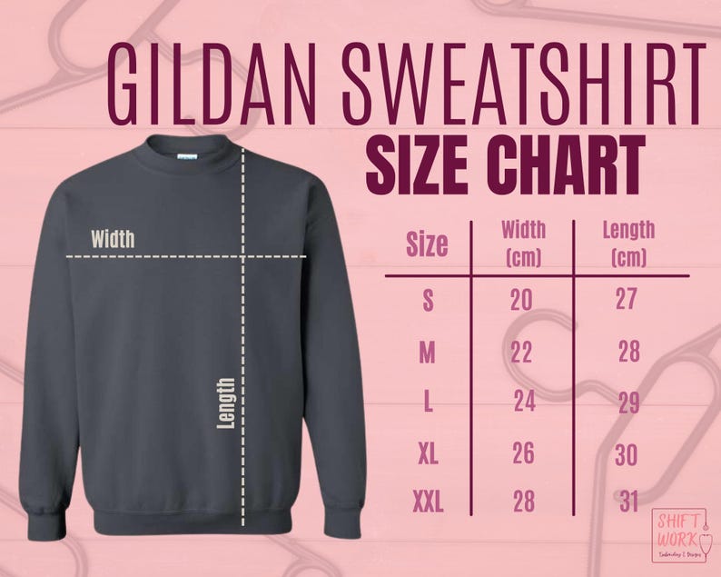 Może przedstawiać: Tabela rozmiar&oacute;w dla bluz Gildan, pokazująca szerokość i długość w centymetrach dla rozmiar&oacute;w S, M, L, XL i XXL.