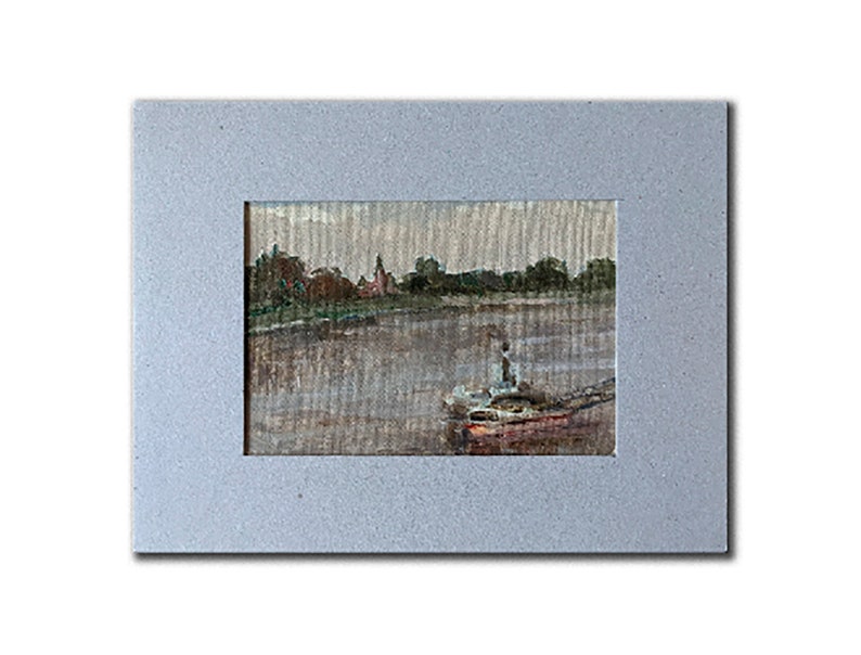 TABLEAU VINTAGE ENCADRÉ Peinture à l'huile originale sur carton réalisée par un artiste ukrainien soviétique inconnu, du Danube. Bratislava, paysage, 1957 image 2