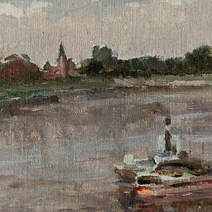 TABLEAU VINTAGE ENCADRÉ Peinture à l'huile originale sur carton réalisée par un artiste ukrainien soviétique inconnu, du Danube. Bratislava, paysage, 1957 image 3