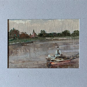 TABLEAU VINTAGE ENCADRÉ Peinture à l'huile originale sur carton réalisée par un artiste ukrainien soviétique inconnu, du Danube. Bratislava, paysage, 1957 image 1