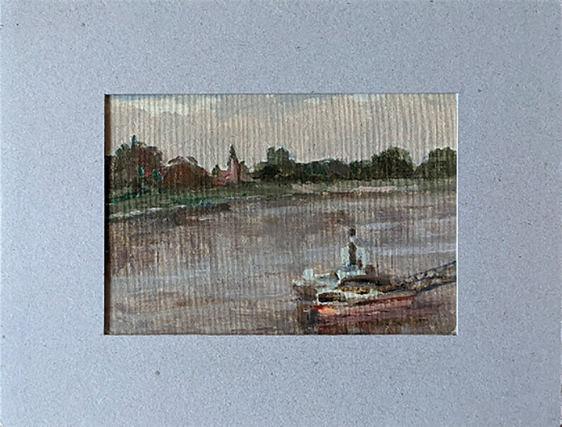 TABLEAU VINTAGE ENCADRÉ Peinture à l'huile originale sur carton réalisée par un artiste ukrainien soviétique inconnu, du Danube. Bratislava, paysage, 1957 image 1