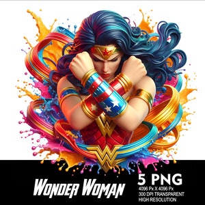 5 PNG Superhero W-Woman Splash and Watercolor Transparent PNG file for Sublimation 300Dpi High Resolution PNG Download Files Heroes