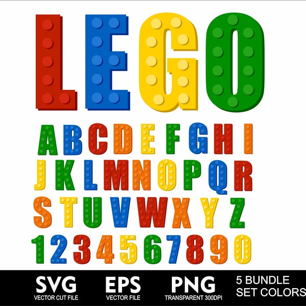 Bundle Bricks Font LEG Puzzle Font 5 Full Colors Set Brick Font Brick Svg Letters for Cricut SVG Toys Leg Font Svg Png Eps AI Font