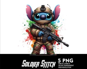 5 PNG Soldato Stitch Splash e Acquerello PNG trasparente per sublimazione 300Dpi PNG ad alta risoluzione Scarica file eroe Stitch Soldier