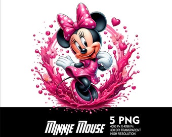 5 PNG Maus Mädchen Splash und Aquarell Transparente PNG-Datei für Sublimation 300Dpi hochauflösende PNG-Download-Dateien Minnie