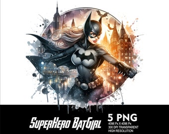5 PNG Superhero Girl Bat Splash i akwarela Przezroczysty plik PNG do sublimacji 300 Dpi Wysoka rozdzielczość PNG Pliki do pobrania Bohaterowie