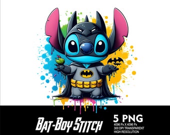 5 PNG Chauve-Souris Stitch et aquarelle fichier PNG Transparent pour sublimation 300Dpi haute résolution PNG à télécharger des fichiers Stitch Bat-Boy