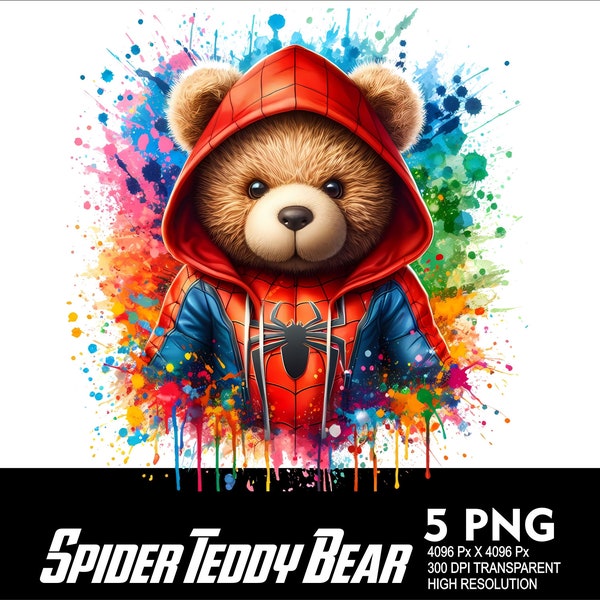 5 PNG Superhero Teddy Bear Spider Splash and Watercolor Transparent PNG file for Sublimation 300Dpi High Resolution PNG Download Files