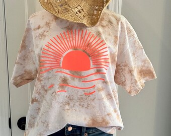 Tan and white  tie dye with neon coral sunset