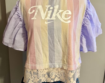 Renewed striped T shirt with added purple sleeves and lace trim