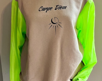 Tan reworked sweatshirt with neon nylon sleeves and Carpe Diem