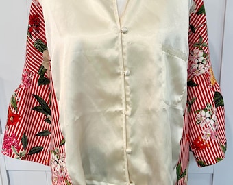 Cream satin button down with flowy sleeves