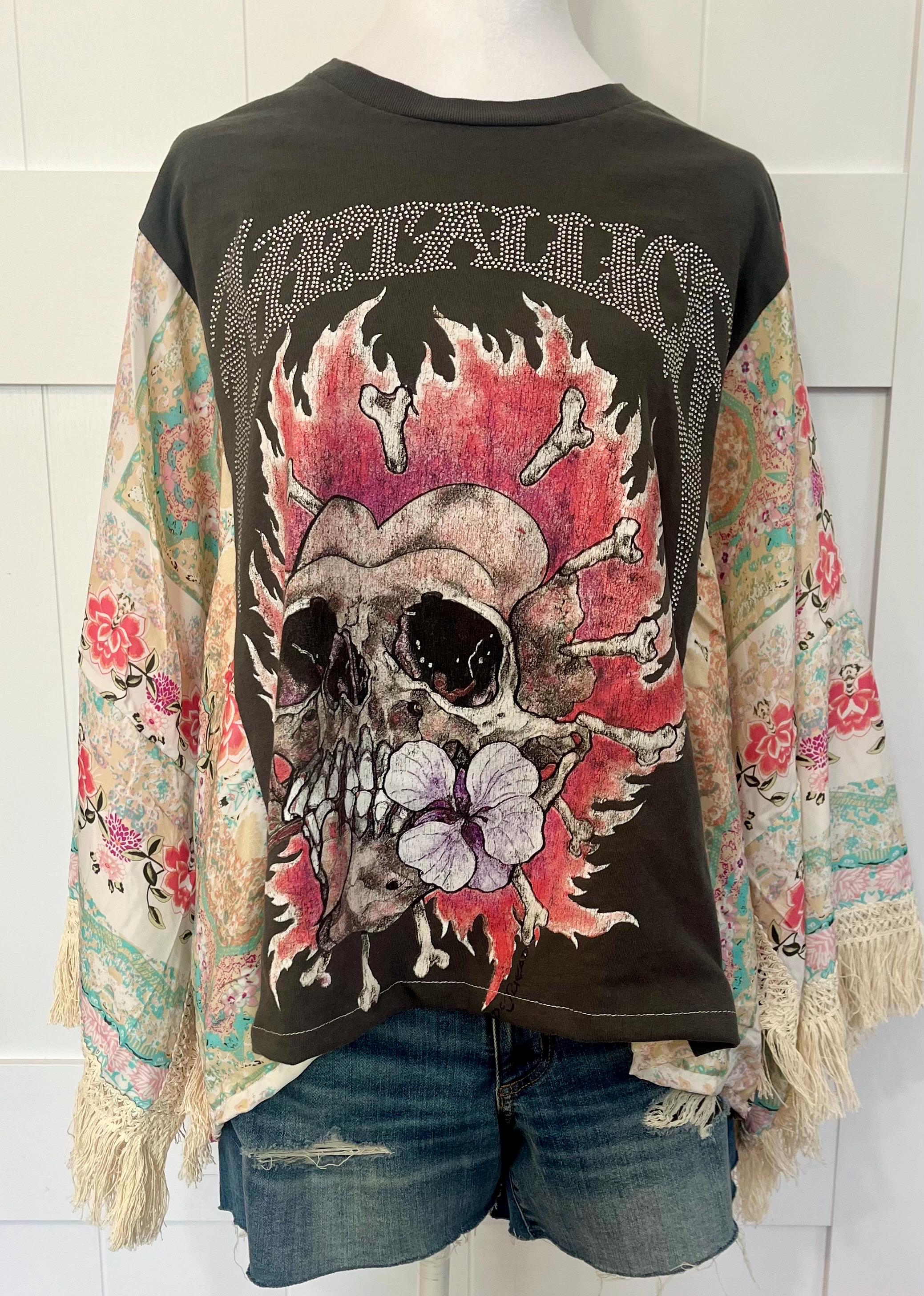 Metallica studded graphic T with floral flowy sleeves