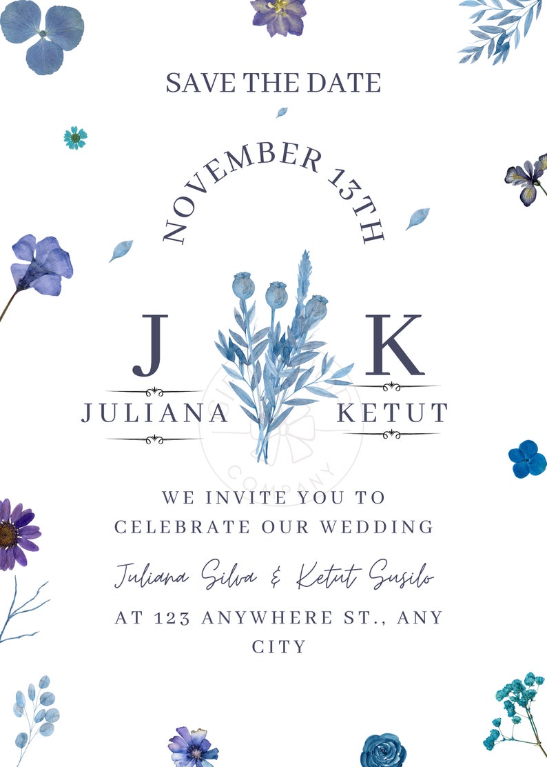 wedding invitation blue floral zdjęcie 4