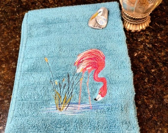 Pink Flamingo Embroidered on an Aqua Terry Hand Towel