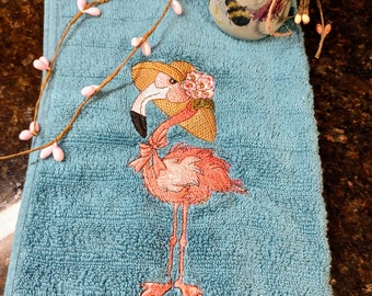 Flamingo Embroidered on an Aqua Blue Terry Hand Towel