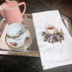 Tea Cup and Flowers Emroidered on a FlourSack/Tea Towel