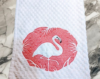 Embossed Flamingo on a Waffle weave kitchen Towel