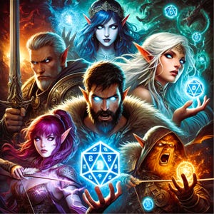May include: A fantasy illustration of five characters, including a human, an elf, a dwarf, and two other fantasy creatures. The characters are surrounded by glowing blue and orange magic, and they are holding various magical items, including a sword, a staff, and a glowing orb. The characters are all looking at the viewer, and they appear to be ready for battle.