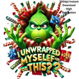 3D Disney-inspired Grinch bursting through festive wrapping paper, perfect for Christmas decor, mugs, shirts, and junk journals. High-quality PNG clipart capturing the Grinch mischievous and humorous expressions ; USA ; Fun Christmas ; Grinch files
