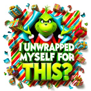 3D Disney-inspired Grinch bursting through festive wrapping paper, perfect for Christmas decor, mugs, shirts, and junk journals. High-quality PNG clipart capturing the Grinch mischievous and humorous expressions ; USA ; Fun Christmas ; Grinch files